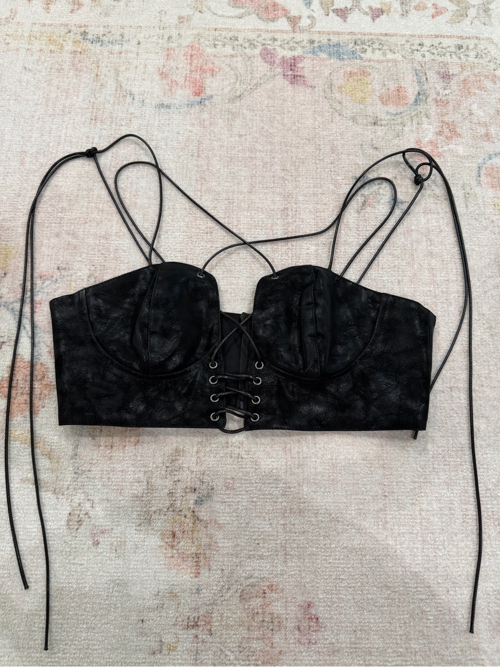 Black Lace-Up Bustier Crop Top with Thin Straps